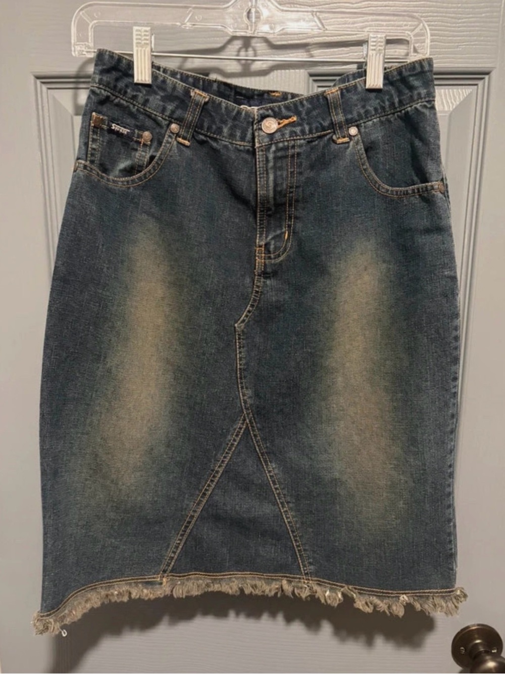 Vintage Squeeze Denim Midi Skirt Frayed Hem Y2K Size 5/6